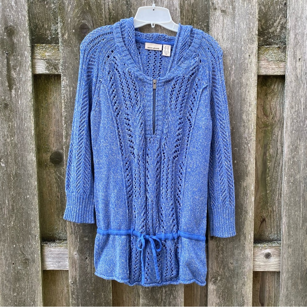 Blue knit style sweater with hood and tie at waist